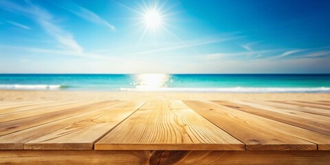 Obraz premium Empty Wooden Table Summer Beach Blurred Background - Stock Photo