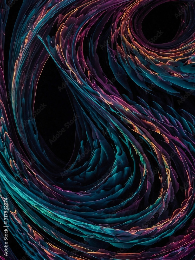 Poster abstract patterns resembling glowing neon waves on a dark background.