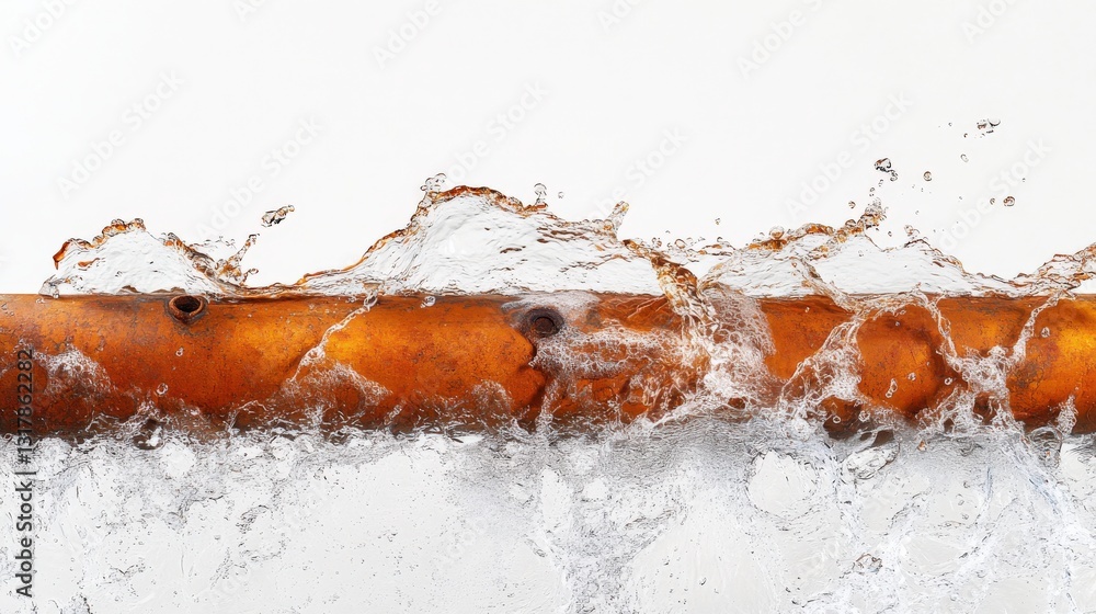 Poster water splashing from a rusty pipe against a white background, showcasing fluid dynamics