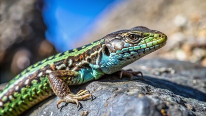 Fototapeta premium European Common Wall Lizard basking in sunlight, copy space left