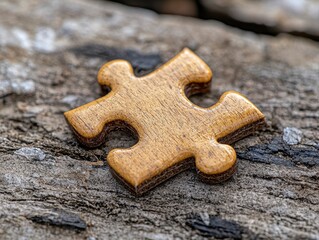 In this close-up photograph, a single wooden puzzle piece rests against a textured, natural background, creating a compelling image The puzzle piece, with its distinctive shape and warm wooden tones