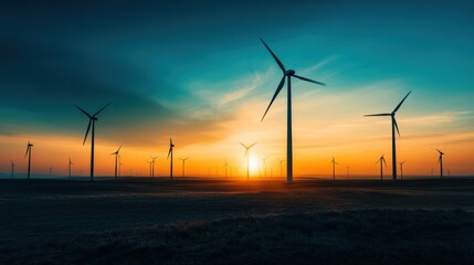 Obraz premium Wind turbines silhouetted against a vibrant sunset in a vast landscape, symbolizing renewable energy