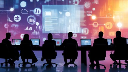 Strategic Vision: A silhouette of a diverse team intently analyzes data, with each member focused on their illuminated laptops, beneath a projection of interconnected digital icons and data displays.