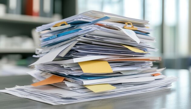 In this close-up photograph, a substantial pile of paper documents takes center stage, showcasing the overwhelming nature of paperwork The stack consists of numerous sheets of paper, creating a
