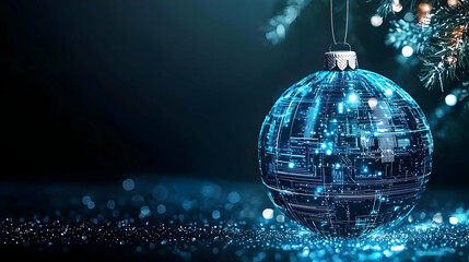 Obraz premium Glowing Blue Christmas Ornament On Sparkling Glitter With Dark Background And Festive Holiday Lights