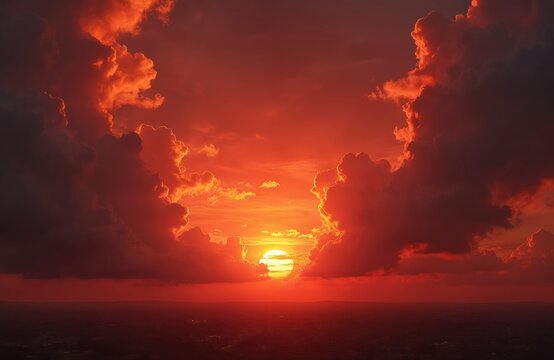 Dramatic fiery red sky with dark clouds at dusk. Intense sunset texture for design. Ominous nature background with sun glow and bloody vibrant colors. - Powered by Adobe