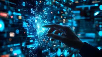 Fototapeta premium Navigating the Digital Cosmos: A close-up of a hand interacting with an intricate, futuristic digital interface, pulsing with glowing energy, symbolizing advanced technology and innovation.