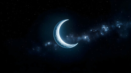 Pixel Art Crescent Moon in Dark Blue Night Sky with Stars and Nebulae Cloudscape
