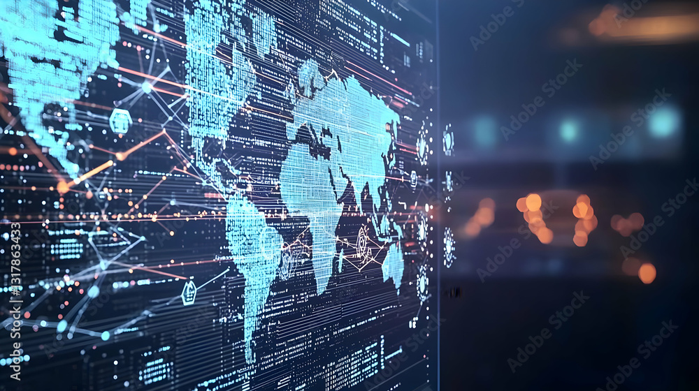 Poster abstract digital world map illustrating global communication and data network with blue light