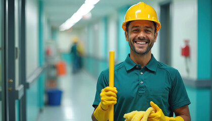 Smiling professional janitor in yellow hard hat holds mop and rag. Cheerful worker with cleaning tools poses in hospital corridor. Commercial cleaning service employee. Staff at work.