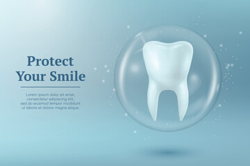 Protect Your Smile. Vector 3D Realistic Tooth in a Protective Bubble Isolated on a Blue Background. Design Template, Clipart, Mockup. Dentistry, Healthcare, Medical, Hygiene, Protection Concept