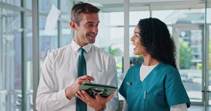 Tablet, hospital and nurse with man for discussion for administration, advice and meeting. Healthcare, team and medicine sales rep with woman on tech for research, online diagnosis or medical service
