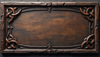 Detailed celtic knots on dark brown wood with room for text. Classic celtic art theme. Ornamental design. Traditional irish decorative handcraft decor interwoven pattern. Carving engraving knotted