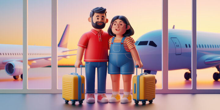 Cheerful Cartoon Couple with Luggage at Brightly Colored Airport Terminal Ready for Adventure
