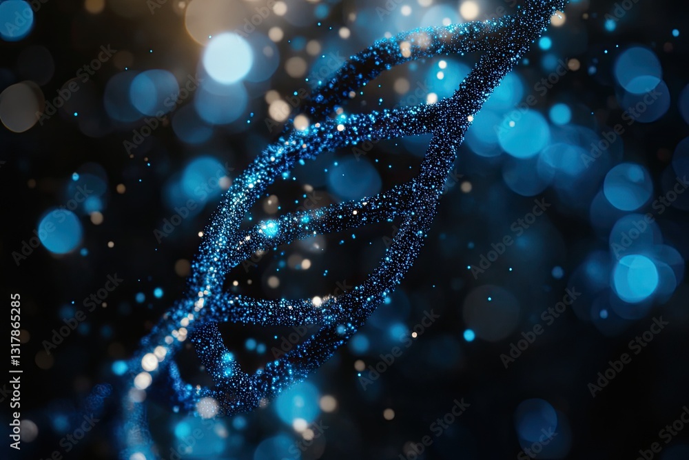 Poster dna helix structure, dotted design, glowing particles. a 3d rendering of a dna double helix, depicte