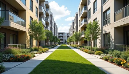 Modern multi-family housing complex features sustainable design green spaces. Residential buildings with balconies offer quality living amenity. Contemporary city neighborhood with urban landscape