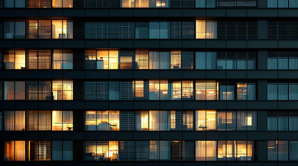 Obraz premium Office building exterior at night with numerous lighted windows creating abstract pattern in blue and golden color