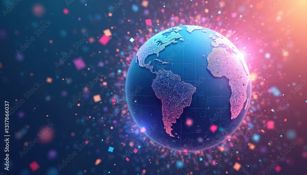Poster globe with continents outlined with digital circuit pattern. colorful confetti particles fly around 