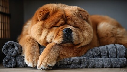 Fluffy Chow Chow napping on towels.