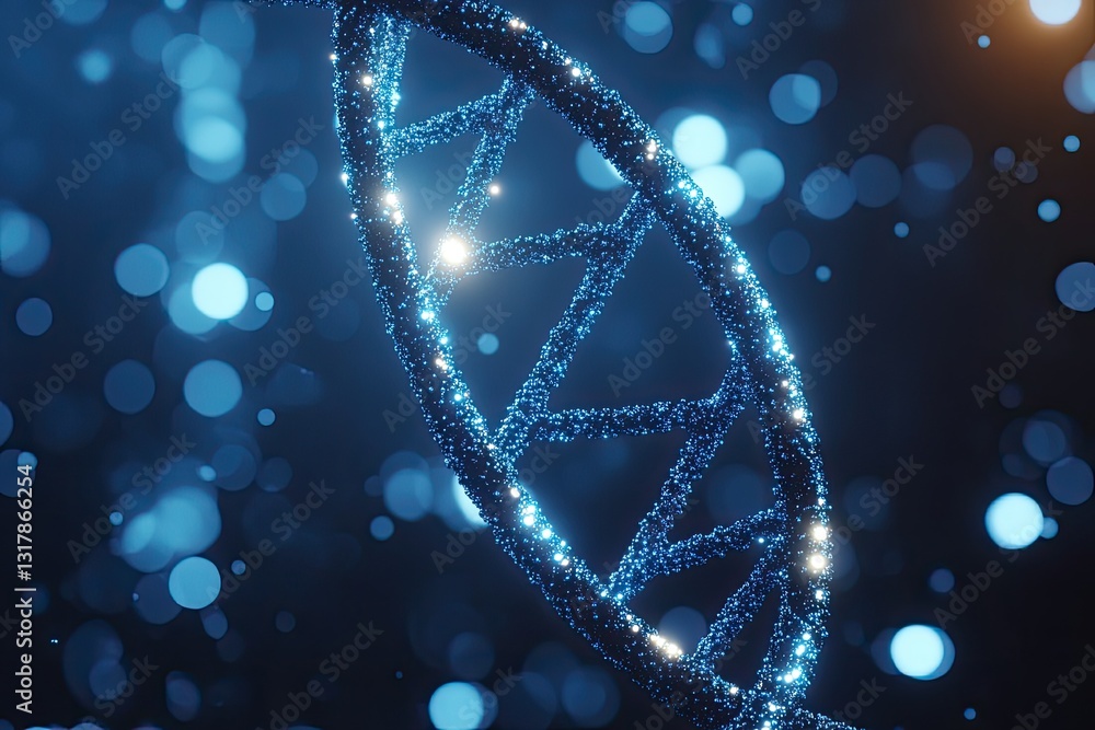 Aufkleber detailed 3d rendering of a dna double helix, highlighted with glowing particles, set against a backg