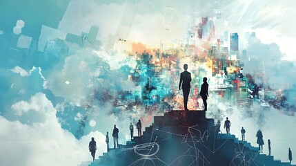 Reaching New Heights: A symbolic illustration depicts individuals ascending a stairway towards a cityscape amidst clouds, symbolizing ambition and progress.