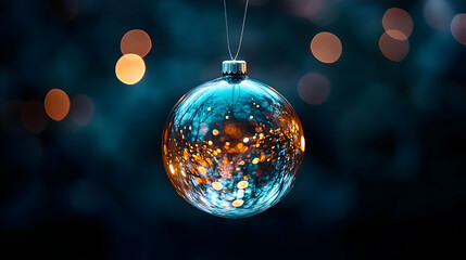 Fototapeta premium Illuminated Blue And Gold Christmas Ornament With Sparkling Texture And Bokeh Background