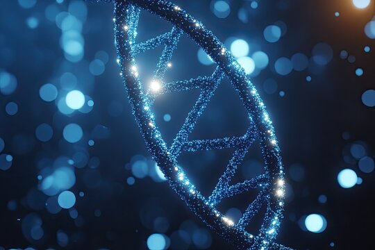 Detailed 3D rendering of a DNA double helix, highlighted with glowing particles, set against a background of soft blue bokeh