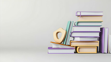 Fototapeta premium Stack Of Colorful Books With A Wooden Number Zero On A Gray Background Symbolizing Education And Back To School