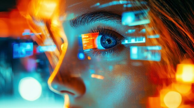 The image captures the essence of futuristic technology, where business professionals seamlessly integrate augmented reality through smart contact lenses These lenses provide real-time access to