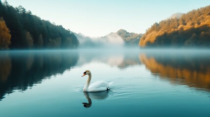 Fototapeta premium Swan swimming misty lake autumn sunrise