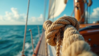 Close-up of nautical rope knots on sailboat with ocean horizon, blue sky in background. Sailing adventure, yachting journey, marine lifestyle. Boat rigging, halyard detail, cordage, sunny, adventure, © Vadym