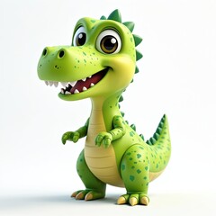 Fototapeta premium 3D render of cute dinosaur mascot isolated on white background. Cartoon animal character design, friendly, colourful. Playful visual representation, digital detailed artwork, modern decor icon,