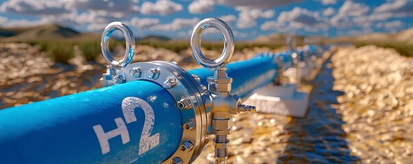 The photograph showcases a close-up view of a blue hydrogen pipeline, designed for transporting the element crucial for energy transition The pipeline's robust construction, with metallic fixtures