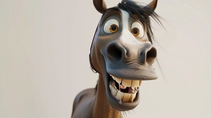A horse with a big, goofy smile and raised eyebrows, standing on a seamless white surface. Its large teeth and expressive eyes make it look hilarious.