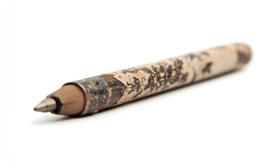 Well-Used Brown Pencil with Decorative Pattern on White Background