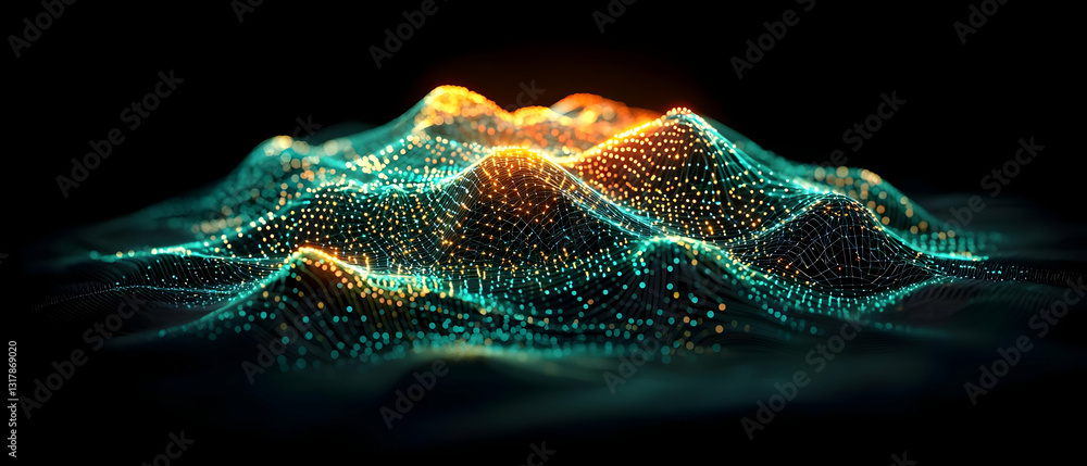 Aufkleber 3d rendered digital landscape with orange and teal glowing particles on black background abstract vi