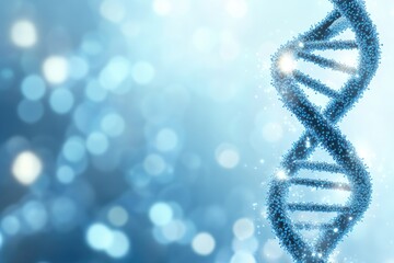 DNA helix against a soft, light blue backdrop.  Detailed 3D representation of a double helix structure