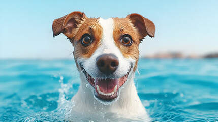 Playful dog swimming joyfully in clear water outdoor animal photography bright day