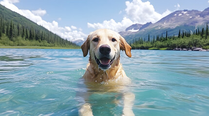 Playful dog swimming in clear river nature landscape outdoor adventure bright day
