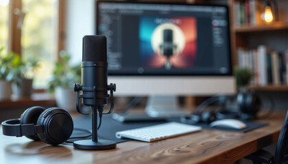  Professional podcasting setup with microphone, headphones, and computer in a modern home studio.