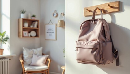 Stylish kids' backpack mockup hanging in organized children's room, branding. Back to school concept