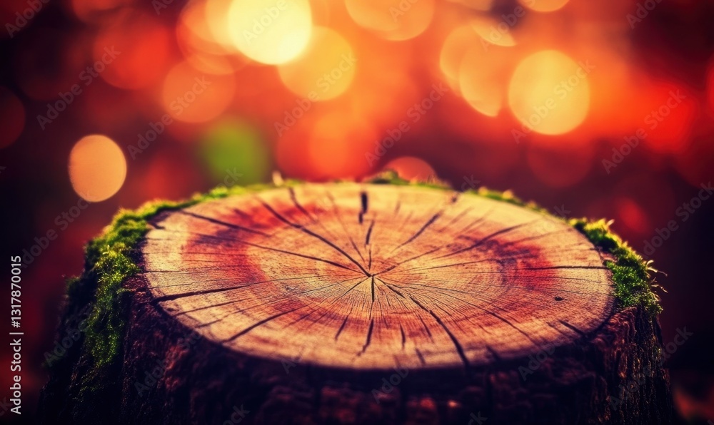 Aufkleber mossy tree stump in autumn forest with bokeh background for product display