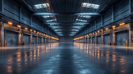 Fototapeta premium Spacious Industrial Warehouse Interior with Bright Lights and Reflections