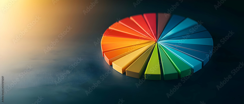 Poster 3d colorful pie chart with segments on dark textured background under warm light