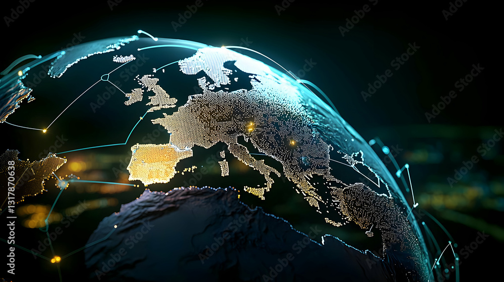 Poster illuminated globe with network connections highlighting europe on dark background in digital network