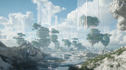 Fototapeta premium A surreal landscape with floating islands and a river, surrounded by clouds and blue sky.