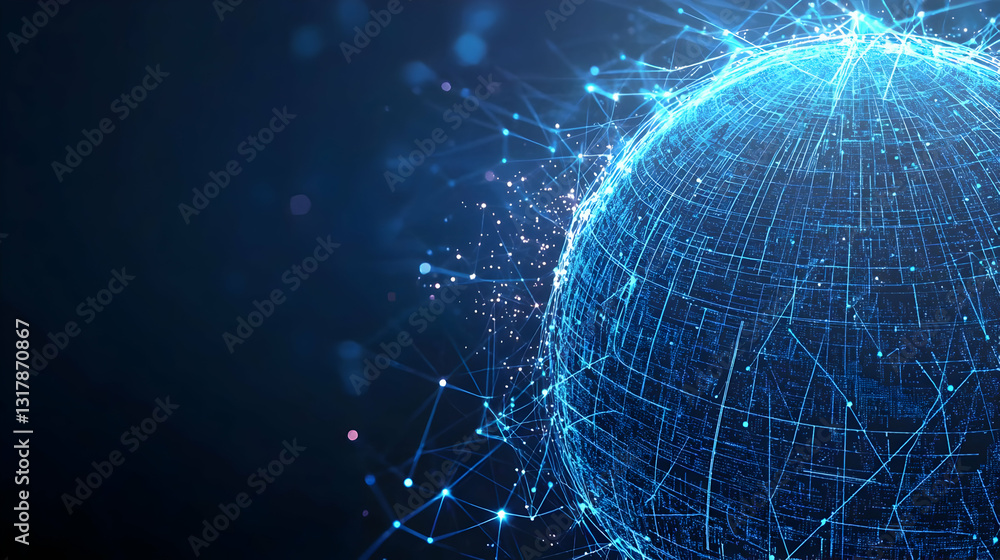 Poster abstract blue digital sphere with glowing particles and network connections on dark background repre