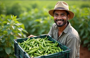Happy indian farmer holds crate of green chillies on cultivated farm land. Traditional agriculture, fresh vegetable produce, harvest season. He smiles at the camera in his garden.