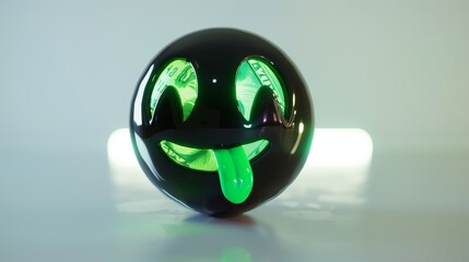 A money-mouth emoji with glowing dollar signs in its eyes and a green tongue sticking out. The smooth, reflective surface contrasts against the white background.