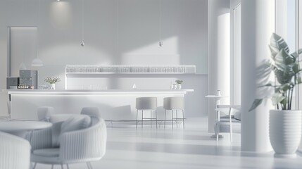 A modern luxury restaurant with sleek furniture, a central bar, and warm ambient lighting on a white background.